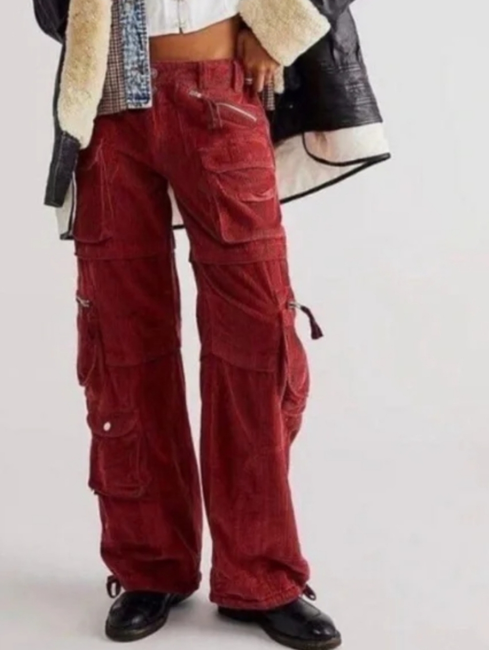 Y2k Free People Last Time Wide-Leg Corduroy Cargo Pants in Deep Red Size 4